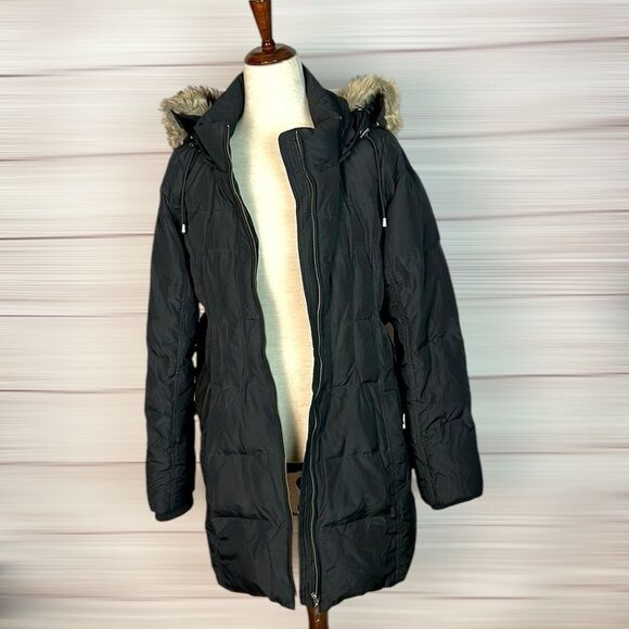 A Pea in the Pod Maternity Black Down Coat Jacket Hood with Faux Fur Trim sz L - Picture 4 of 10